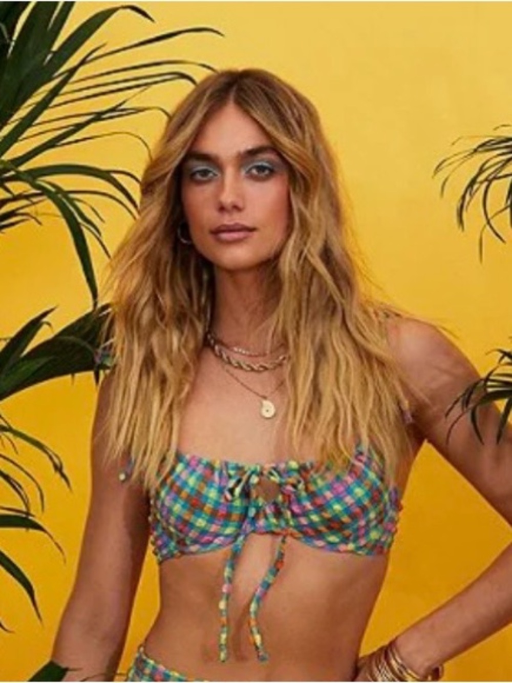 Beach Riot Crinkle Gingham Tie-Front Bikini Top